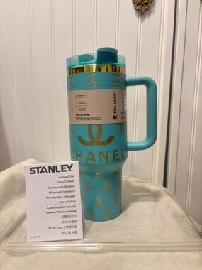 Chanel X Stanley Turquoise Travel Mug with Gold Accents and Handle